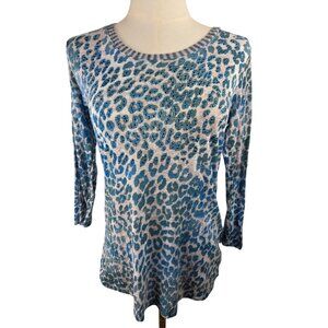 David Cline Top Medium Leopard Print Blue Beaded 3/4 Sleeve Knit Stretch Boho
